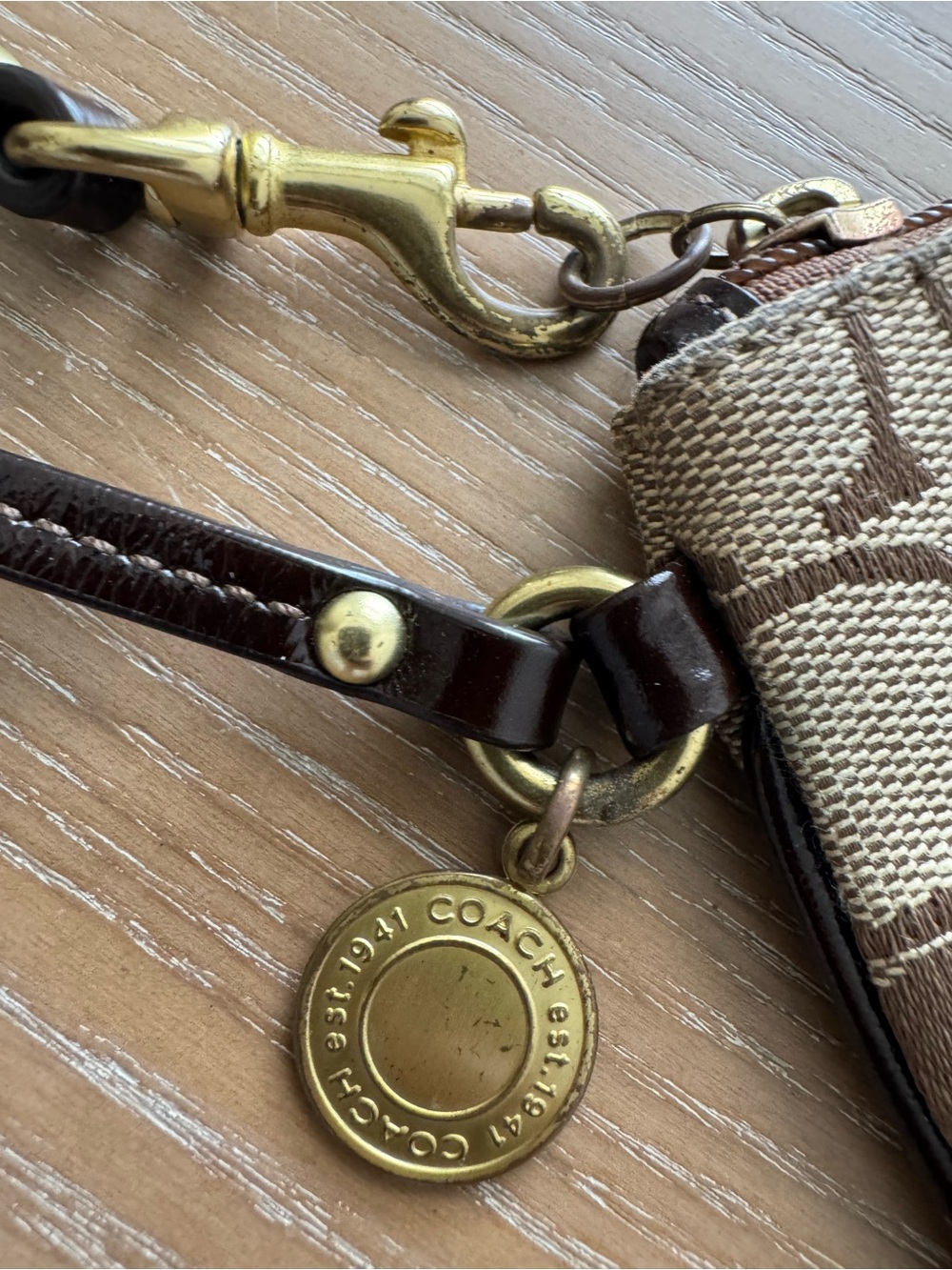 Coach Khaki Canvas Wristlet with Brown Trim and Gold Hardware - Picture 2 of 5